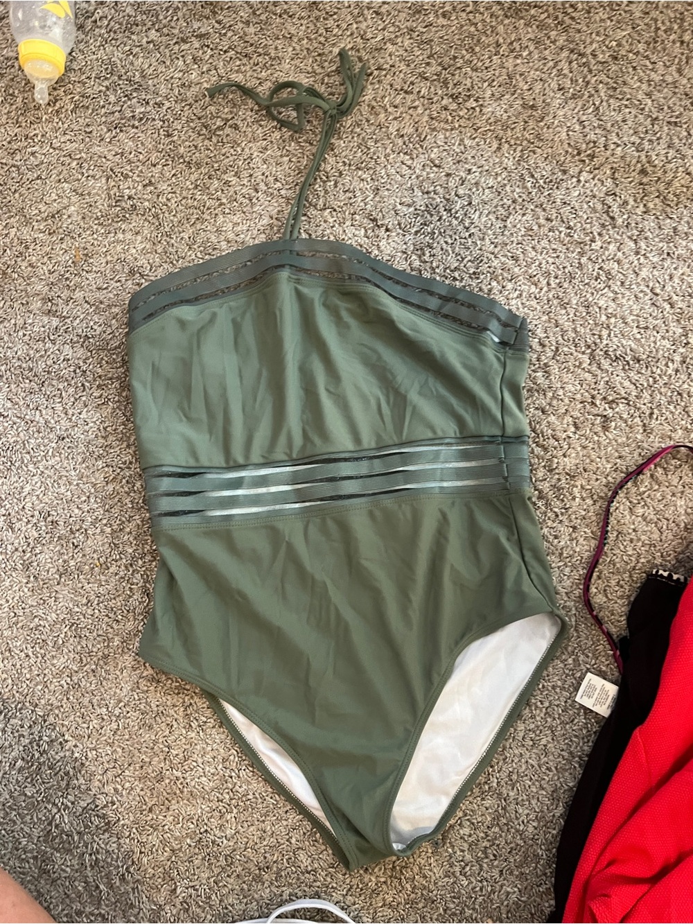DAVI & DANI Olive Green and White Striped Swim Top